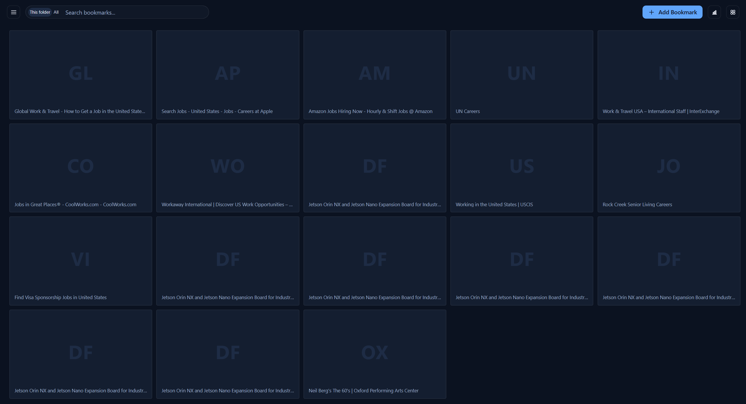 Tiler in full-width mode showing expanded grid of bookmark tiles